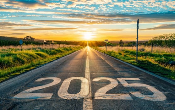 The road ahead is marked with '2025', symbolizing the journey into a new year under a stunning sunrise. The horizon is alive with colors as the sun casts a hopeful light on the path to the future