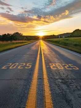 The year '2025' is emblazoned on a highway, glowing under a breathtaking sunset. The journey forward is illuminated by the last golden rays of the day, promising bright prospects ahead