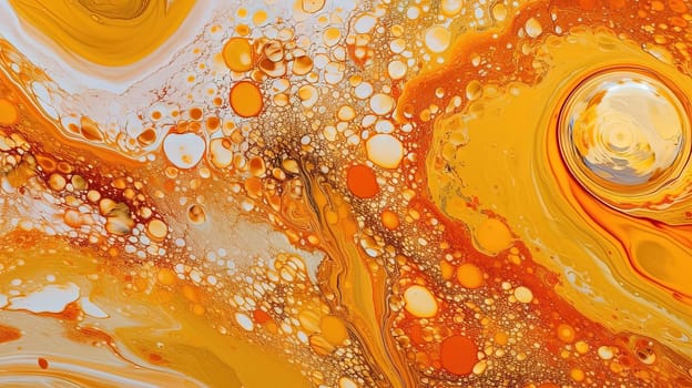 Abstract artistic background with orange marble and golden paint stains. Generated AI