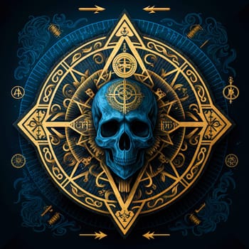 Blue skull on the abstract occult sign. Mystic golden ornament with magic skull. Generated AI