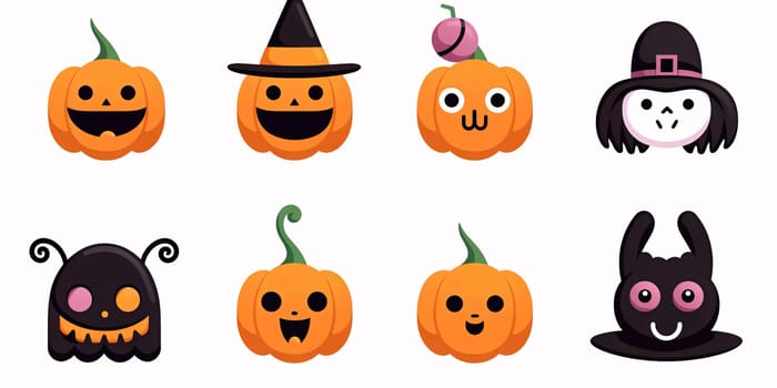 New icons collection: Halloween pumpkin character set. Cute cartoon style vector illustration.