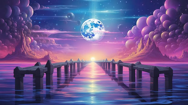 Synthwave styled pier, a bridge to the horizon in purple and blue lights. Generated AI