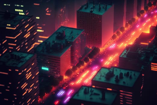 Abstract neon city aerial view. Technology concept of night cityscape with blue lights in synthwave style. Generated AI