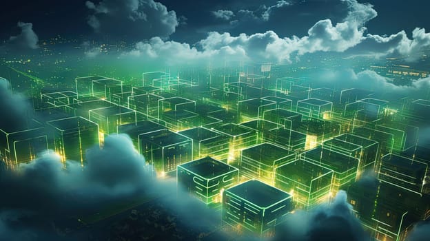 Concept of a digital city with cloud connections. Futuristic network in the clouds. Generated AI