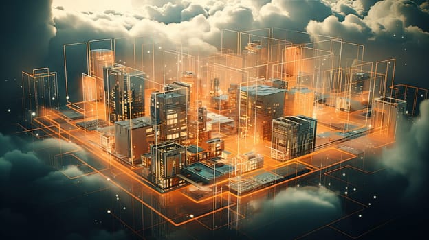 Concept of a digital city with cloud connections. Futuristic network in the clouds. Generated AI