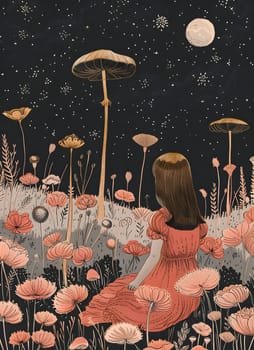 A girl in a vibrant red dress sits amidst a sea of flowers, gazing up at the moon. Its a picturesque scene that could be mistaken for a beautiful botany painting