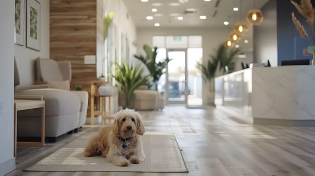 A companion dog is resting on a hardwood floor in a buildings waiting room, surrounded by plants and wood accents