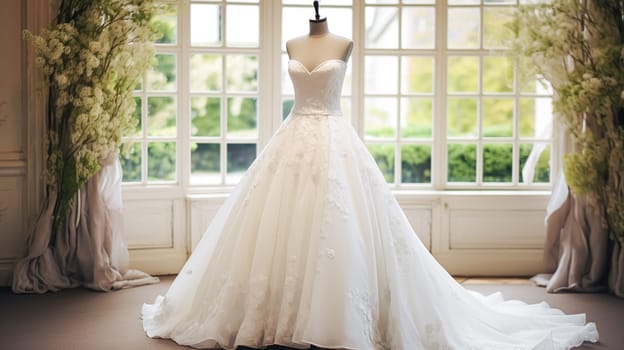 Wedding drees, bridal gown style and bespoke fashion, full-legth white tailored ball gown in showroom, tailor fitting, beauty and wedding inspiration