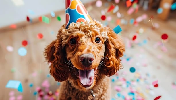 A carnivorous dog breed, known as a companion dog, is sporting a party hat surrounded by confetti. This water dog is a happy working animal at an event with a unique fashion design