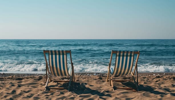 Two beach chairs are on the sand, facing the ocean by AI generated image.