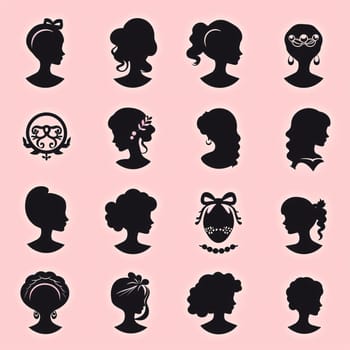 New icons collection: Silhouettes of women with different hairstyles. Vector illustration.