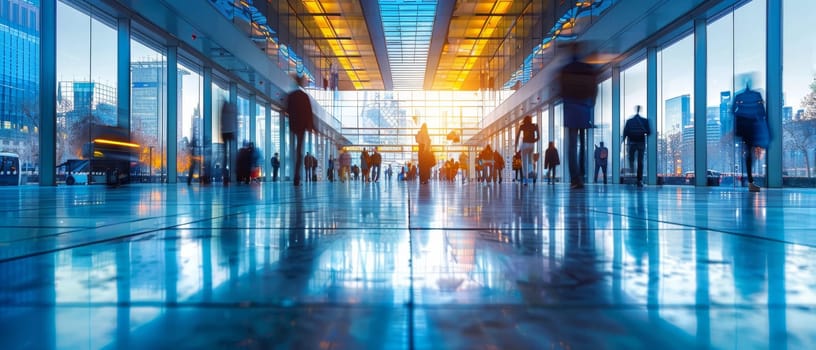 A busy airport with people walking around and carrying luggage by AI generated image.