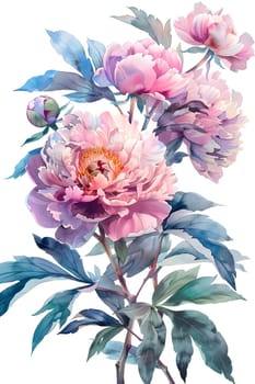 A painting of pink flowers and green leaves on a white background, showcasing the beauty of flowering plants in the rose family through art