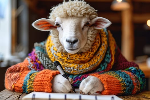 A sheep is sitting at a table with a pen and paper. The sheep is wearing a colorful sweater and scarf, and it is writing something. The scene is whimsical and playful