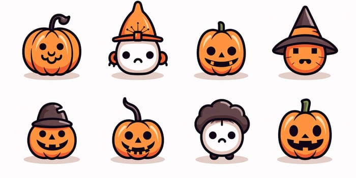 New icons collection: Halloween pumpkin character set. Cute cartoon style vector illustration.