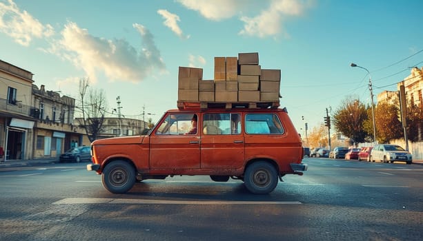 A red car is driving down a street with a large stack of boxes on top of it by AI generated image.