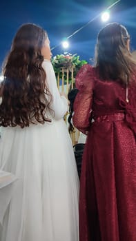 two teenage girls with long hair stand with their backs in dresses, people. High quality photo