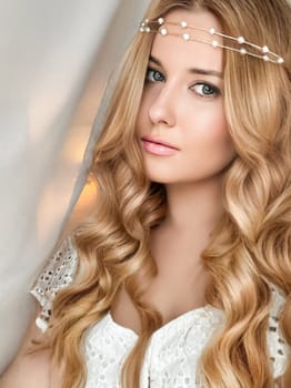 Beautiful bridal look, bride with long hair, wearing pearl tiara jewellery and beauty makeup, blonde woman with curly hairstyle, face portrait for wedding and fashion style idea