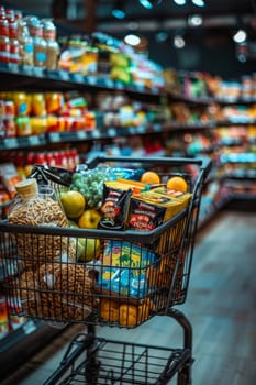 A shopping cart full of food items in a grocery store. Scene is that of a busy shopping trip, with a variety of items available for purchase
