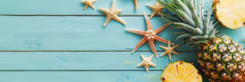 A blue background with a pineapple and a bunch of starfish by AI generated image.