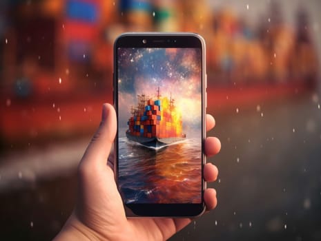 Smartphone screen: Smartphone in hand with the image of a cargo ship on the background of the city