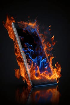 Smartphone screen: Tablet pc with fire flames on a black background. 3d rendering