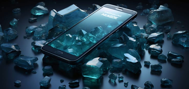 Smartphone screen: Smartphone with blue crystals on a dark background. 3d rendering
