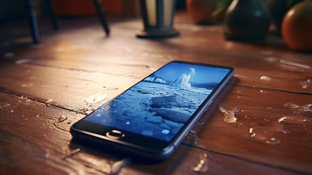 Smartphone screen: Smartphone with water drops on the screen on a wooden table.