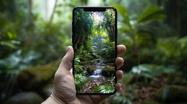 Smartphone screen: Taking photo on smart phone concept with nature background. Nature photography.