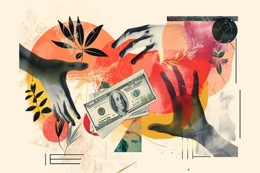 Abstract artwork depicting a hand holding a dollar bill, showcasing the concept of wealth and materialism.