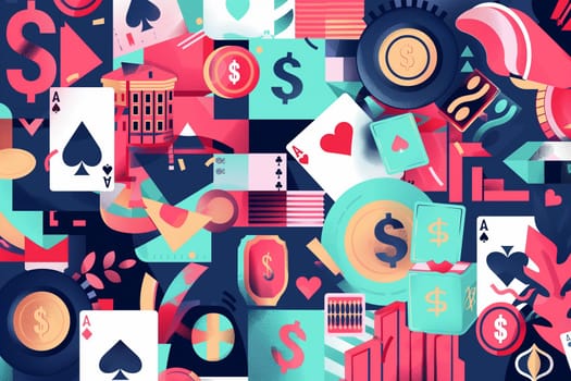 A vibrant array of casino symbols including playing cards, dice, chips, and lucky sevens on a bright and lively background.