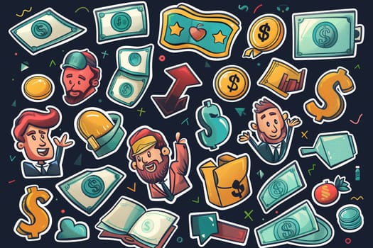 A collection of money icons displayed on a dark background, showcasing various currency symbols and financial symbols.