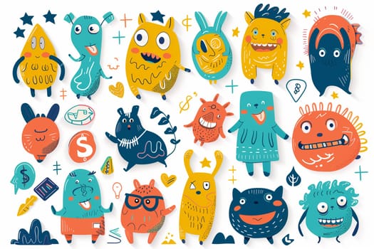 A collection of colorful and whimsical cartoon monsters of various shapes and sizes gathered together on a plain white background.