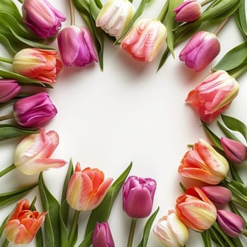 A bouquet of flowers with pink, orange, and yellow tulips arranged in a circle. The flowers are vibrant and colorful, creating a cheerful and lively atmosphere