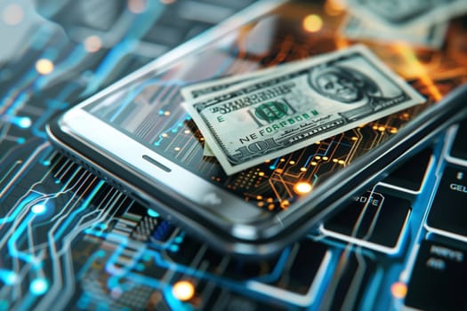 A smartphone is placed on top of a circuit board with dollar bills scattered on top, illustrating the concept of financial technology and digital currency.