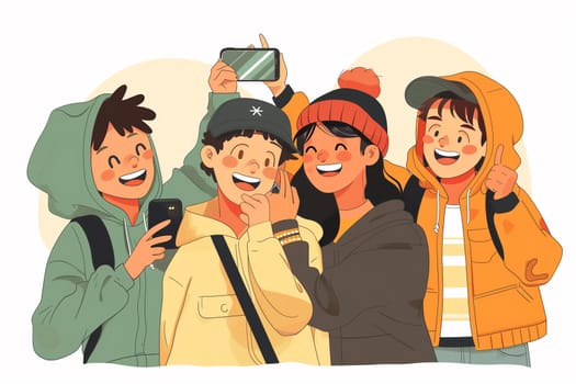 A group of friends gather together to take a selfie, smiling as they pose for the camera.