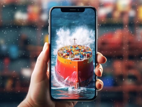 Smartphone screen: Hand holding smartphone with image of cargo ship in port. Logistics and transportation concept.