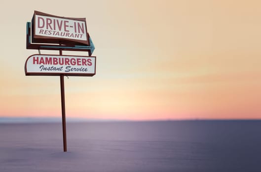 Retro Vintage Sign For A Drive-In Restaurant In The Californian Desert, With Copy Space