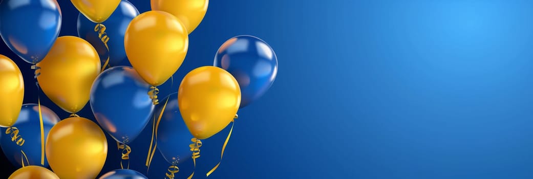 Blue and yellow balloons floating in mid-air against a blue background, creating a vibrant and cheerful atmosphere.