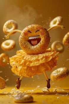A cheerful animated donut with arms and legs is dancing, surrounded by falling pastry sprinkles and doughnuts in a whimsical, lively scene.