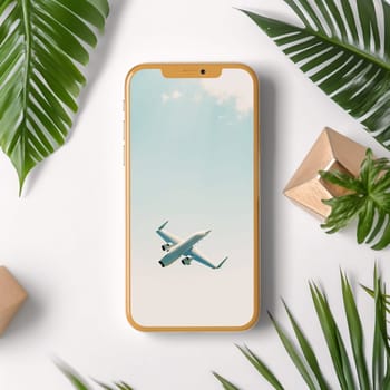 Smartphone screen: Airplane taking off from the screen of a smartphone with palm leaves on a white background