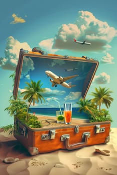 A red suitcase rests on the sandy beach, accompanied by a refreshing drink. Tall palm trees sway in the background under the clear blue sky.