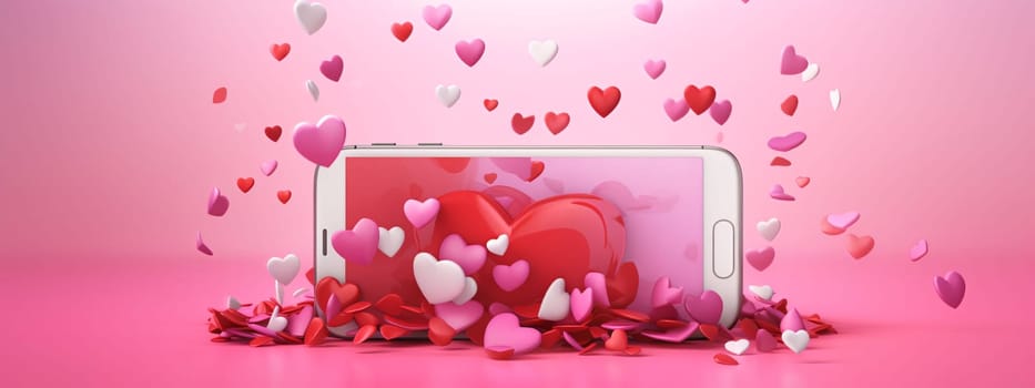 Smartphone screen: Smartphone with hearts on a pink background. 3D rendering.
