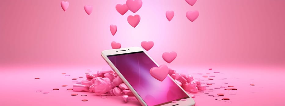 Smartphone screen: Smart phone with pink hearts on pink background. 3D rendering.