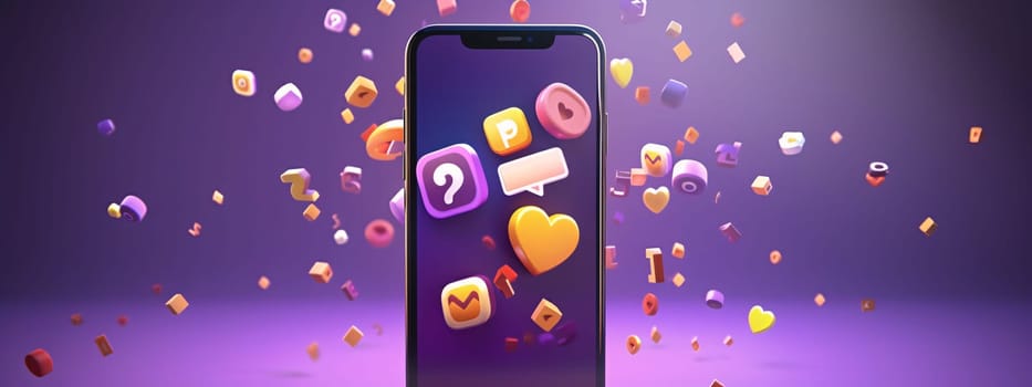 A modern smartphone displaying floating 3D social media icons and emojis on a purple backdrop.