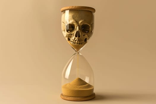 A skull is seen through the clear glass of an hourglass, symbolizing the passage of time. The background is a neutral beige color.