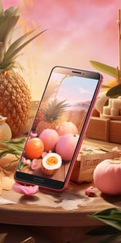 Smartphone screen: Smartphone with the image of tropical fruits on a wooden table.