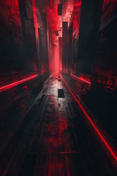 A red and black cityscape with a red line running through it. The image has a futuristic and industrial feel to it