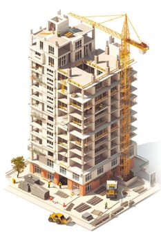 An isometric perspective of a building in the process of construction, showing various levels, scaffolding, cranes, and workers in action.