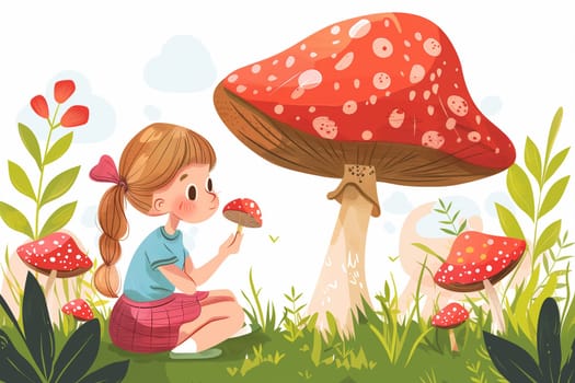 A girl with a red bow is crouching to examine a small mushroom, dwarfed by a massive one in a lush, whimsical forest setting.